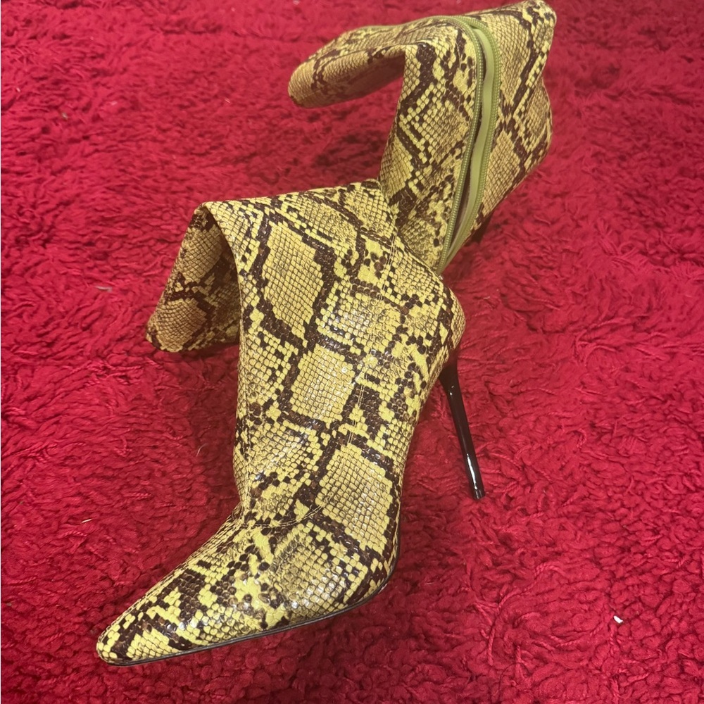 Bright Yellow snake print faux leather mid calf boots